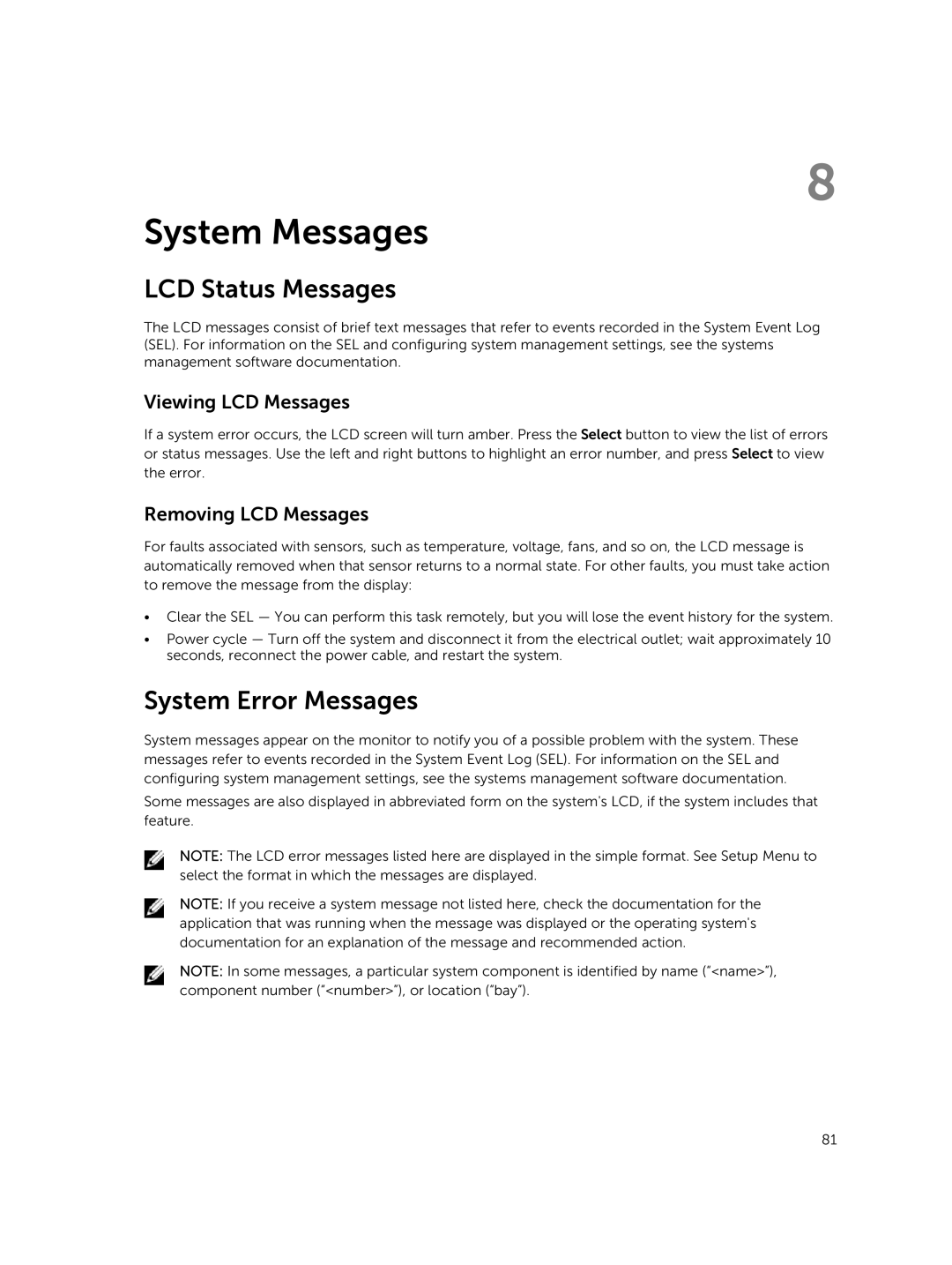 Dell M820 owner manual LCD Status Messages, System Error Messages, Viewing LCD Messages, Removing LCD Messages 