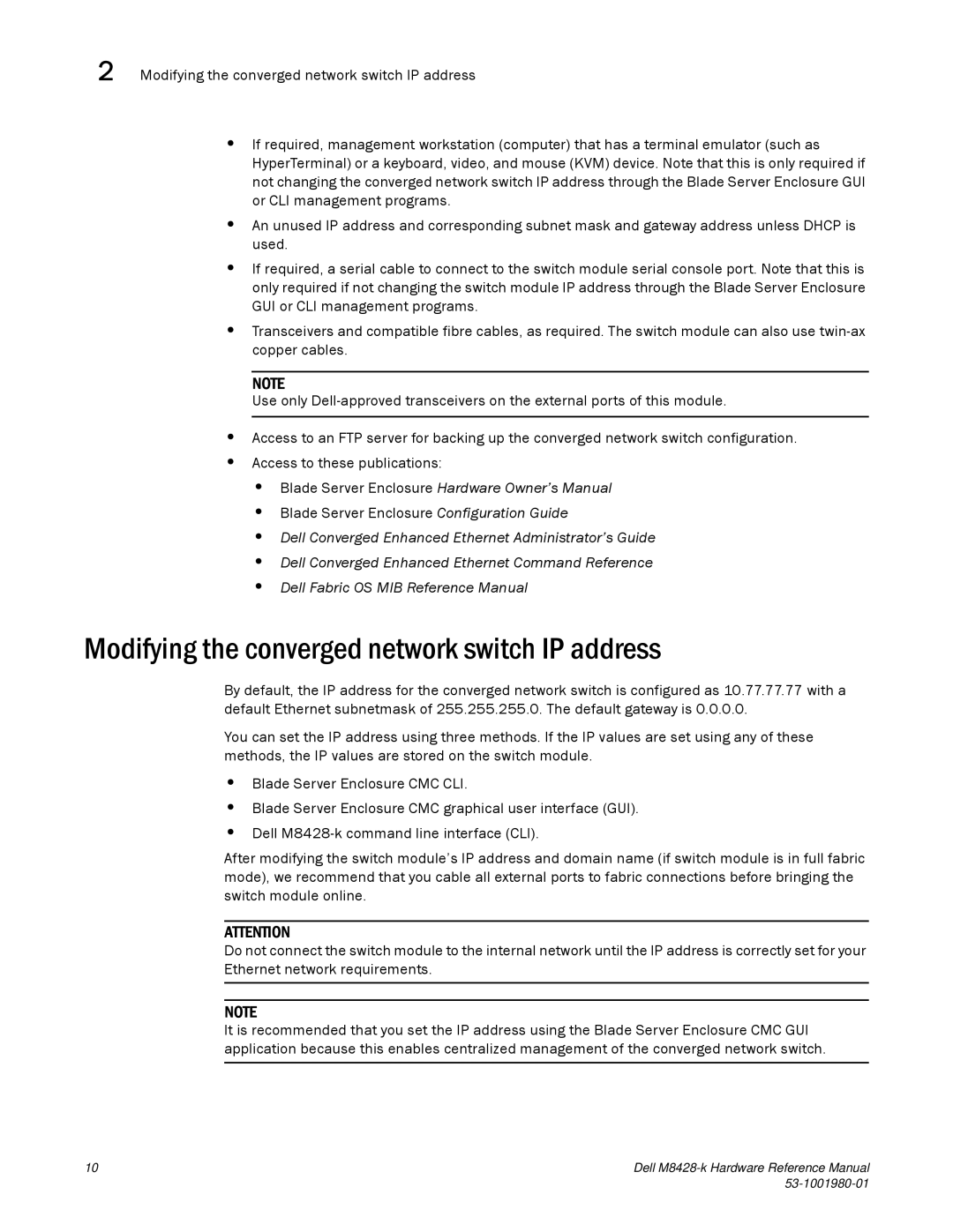 Dell M8428-K manual Modifying the converged network switch IP address 