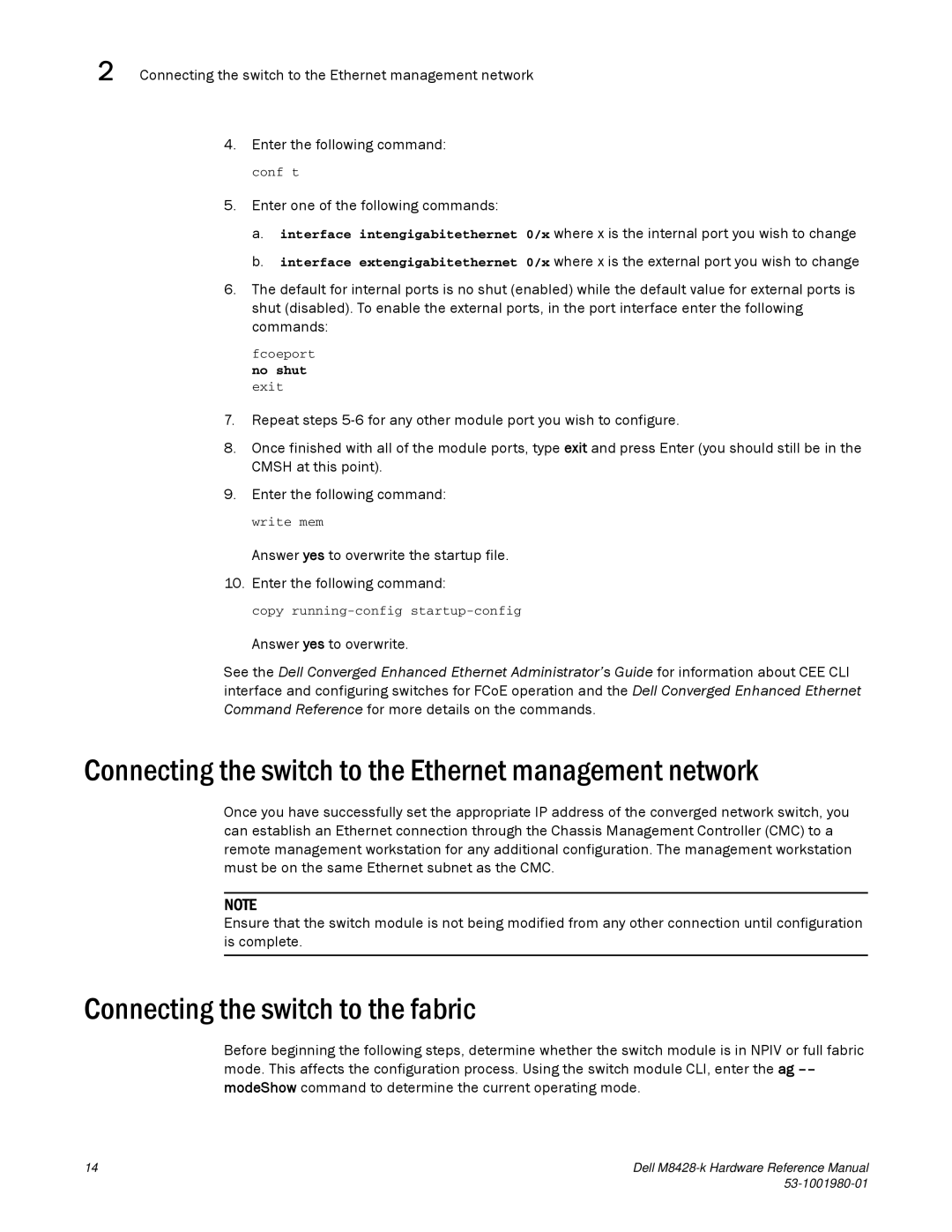 Dell M8428-K manual Connecting the switch to the Ethernet management network, Connecting the switch to the fabric 