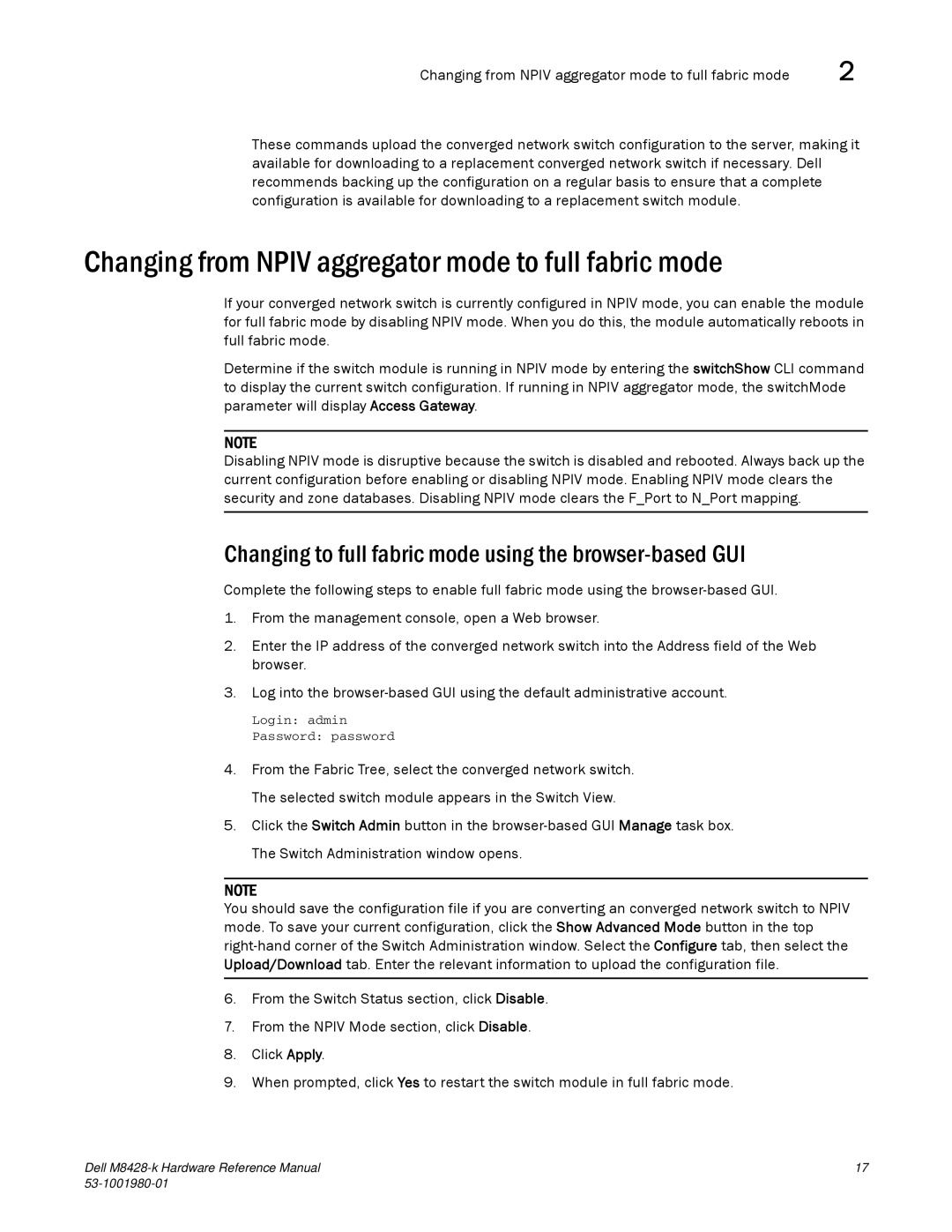 Dell M8428-K manual Changing from Npiv aggregator mode to full fabric mode 