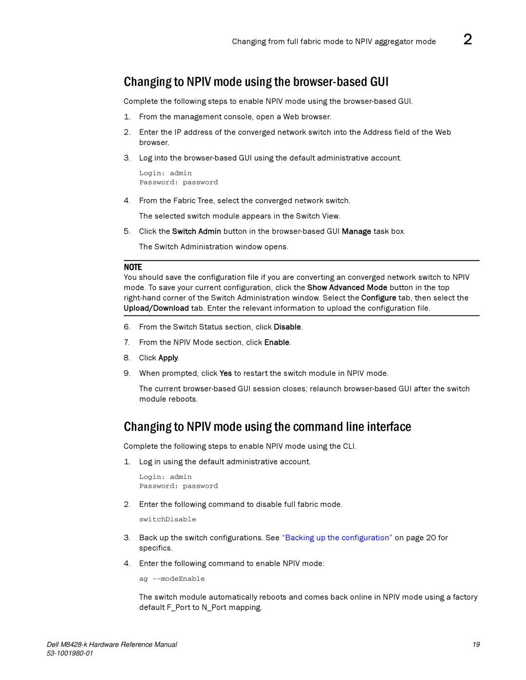 Dell M8428-K Changing to Npiv mode using the browser-based GUI, Changing to Npiv mode using the command line interface 