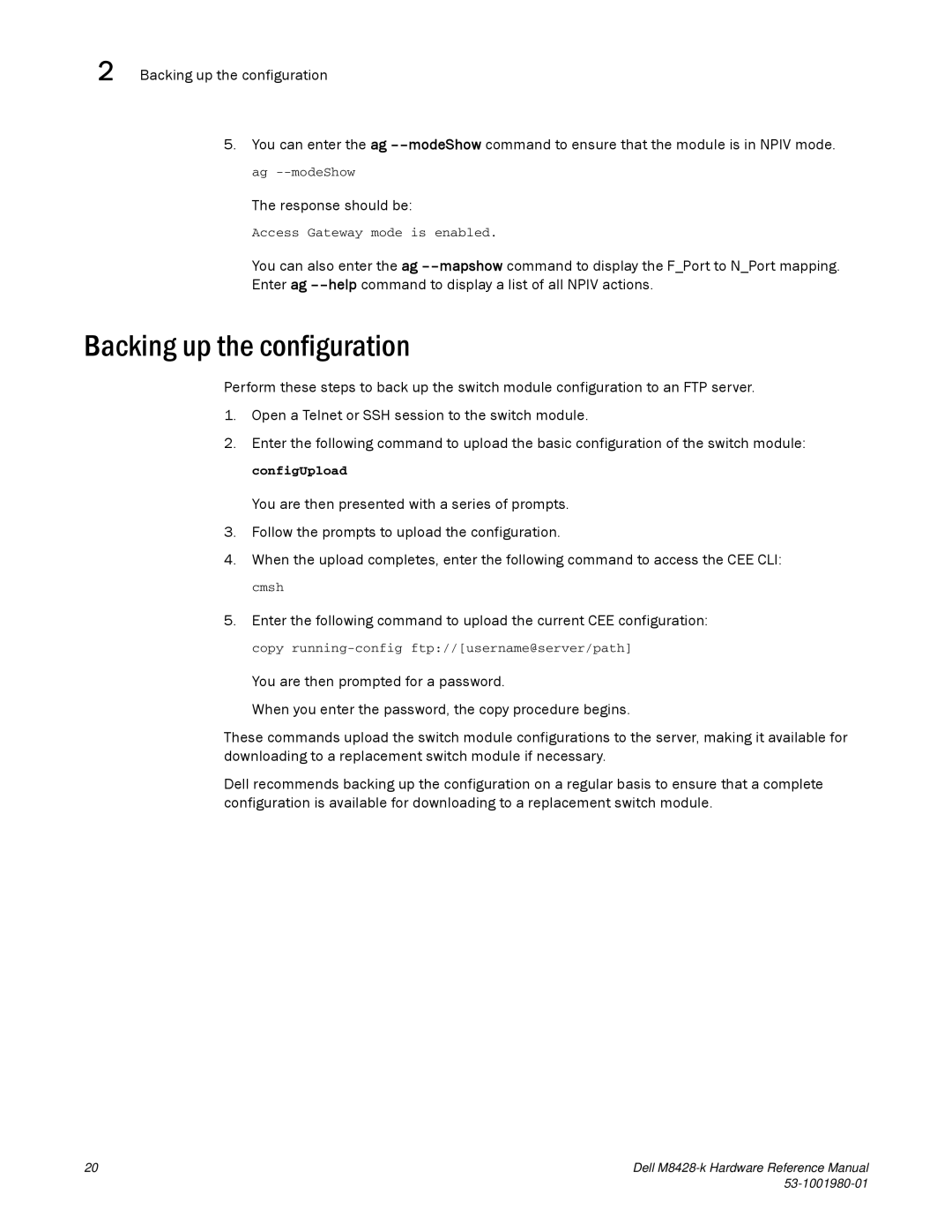 Dell M8428-K manual Backing up the configuration 