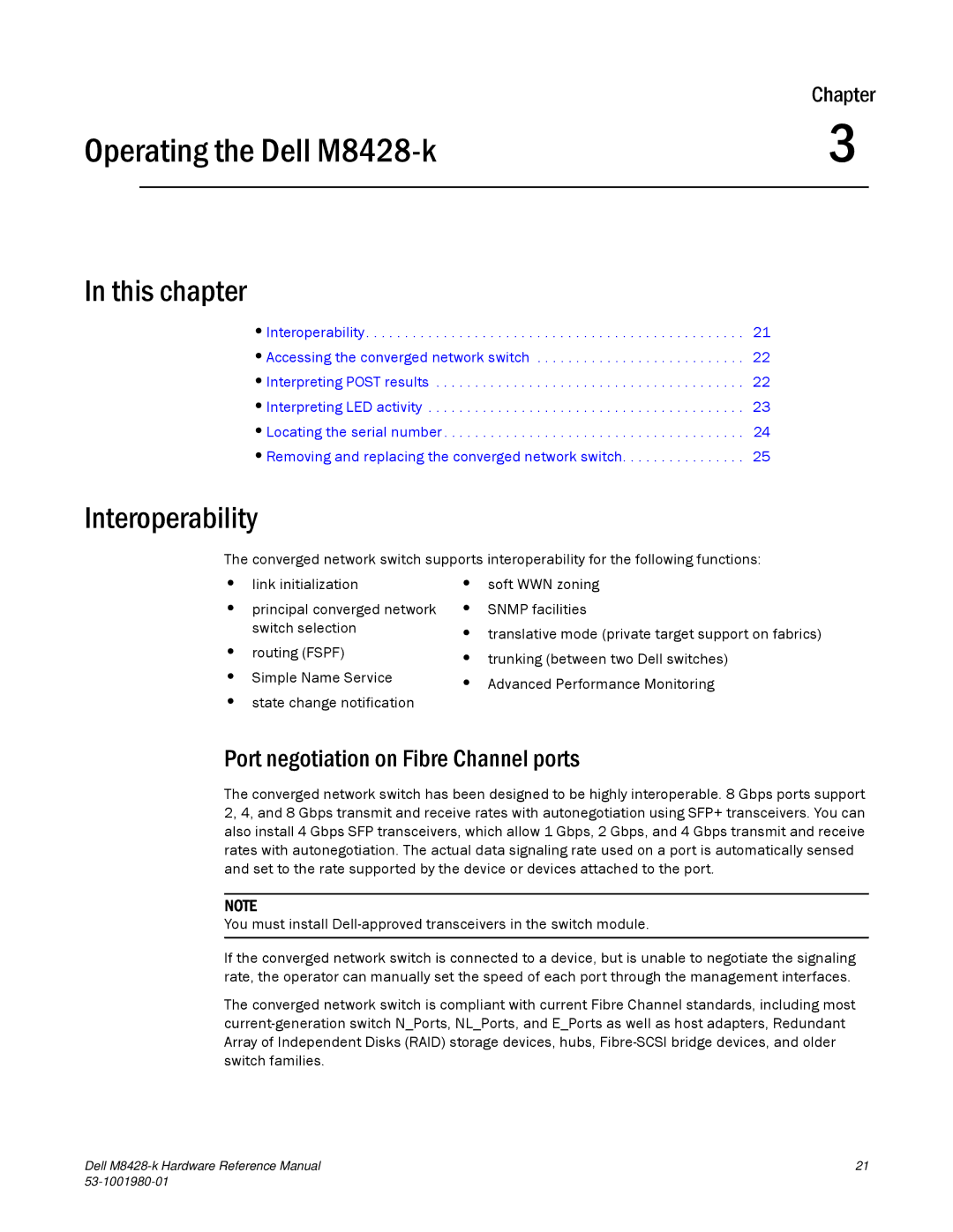 Dell M8428-K manual Interoperability, Port negotiation on Fibre Channel ports 