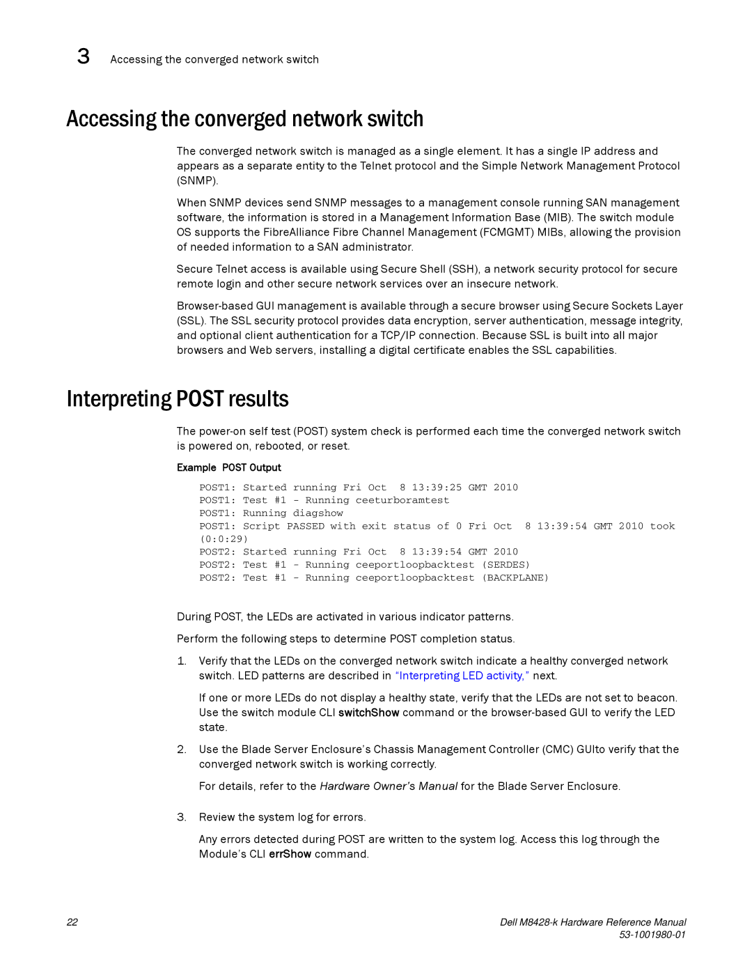 Dell M8428-K manual Accessing the converged network switch, Interpreting Post results 