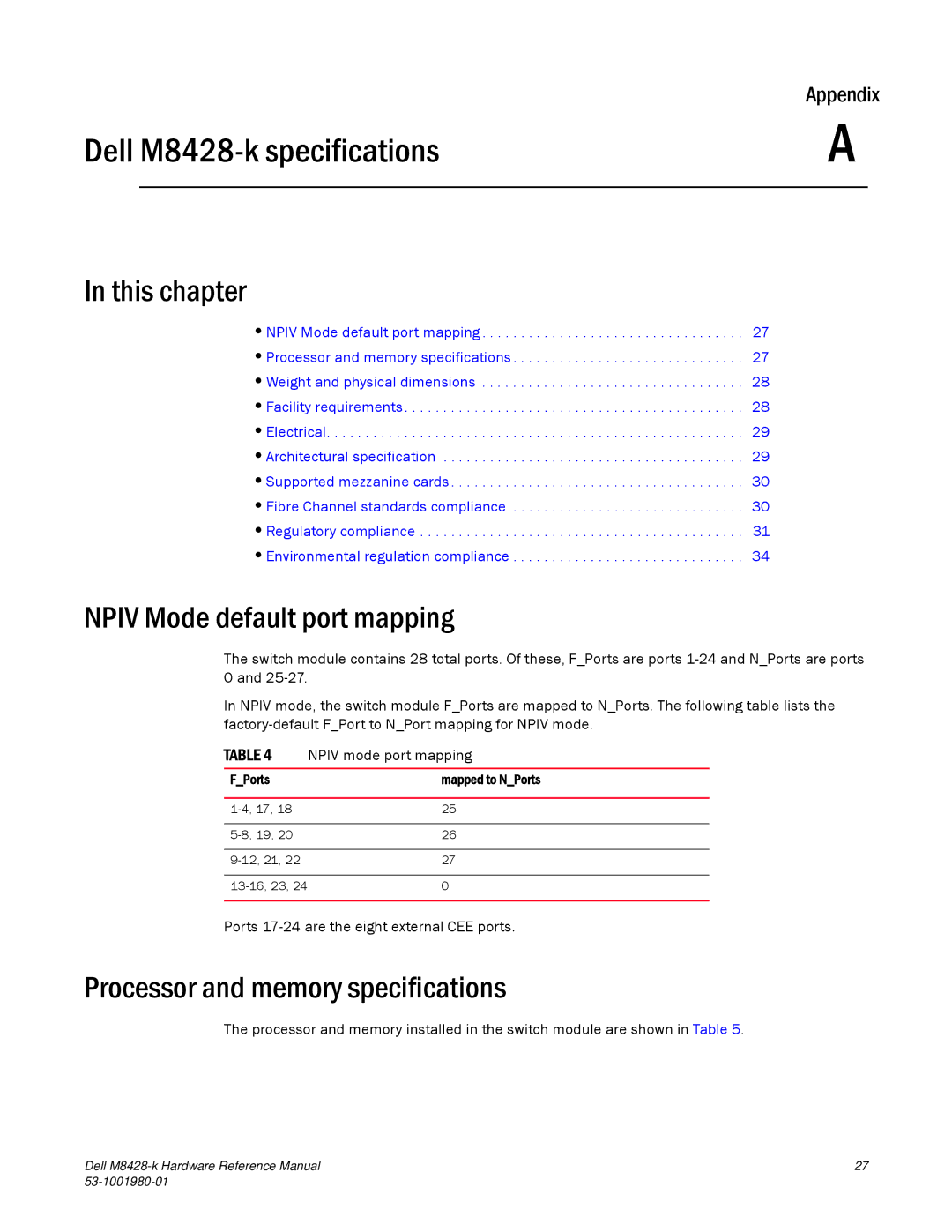 Dell M8428-K manual Npiv Mode default port mapping, Processor and memory specifications 