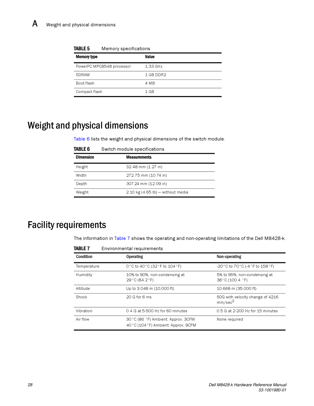 Dell M8428-K manual Weight and physical dimensions, Facility requirements 