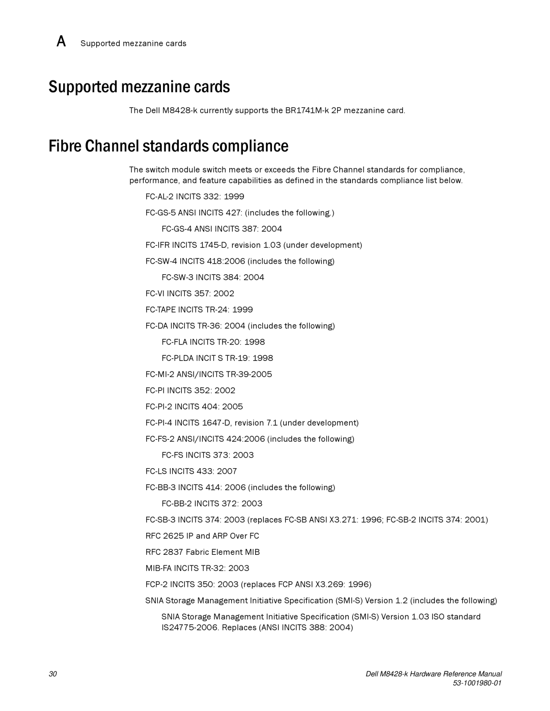 Dell M8428-K manual Supported mezzanine cards, Fibre Channel standards compliance 