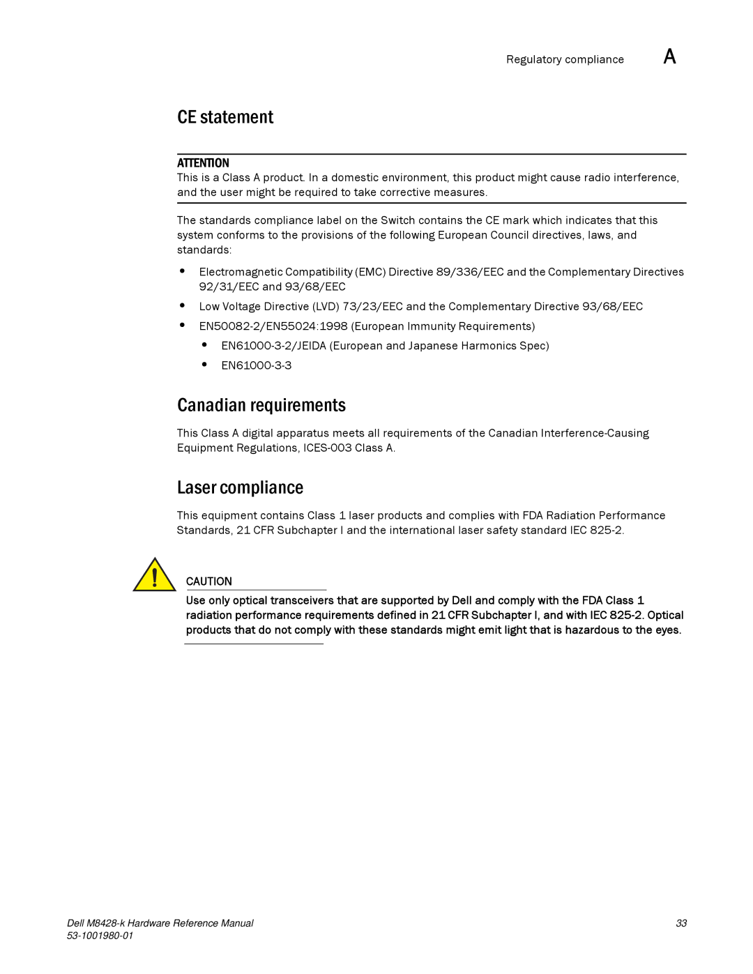 Dell M8428-K manual CE statement, Canadian requirements, Laser compliance 