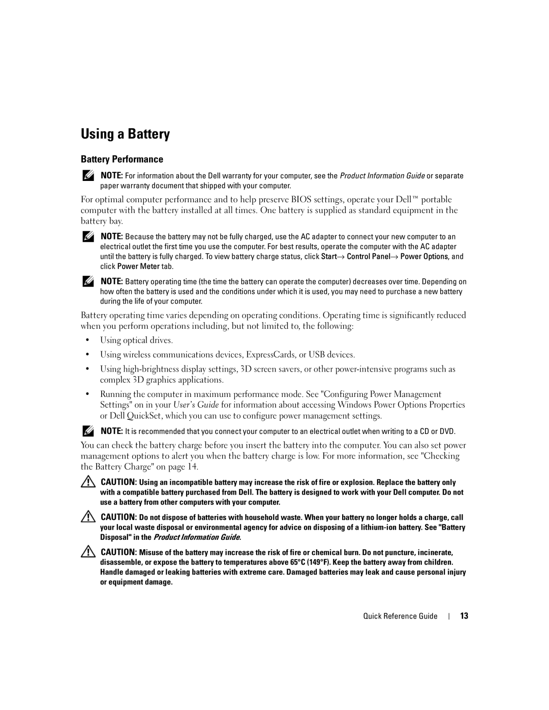 Dell PD063, M90 manual Using a Battery, Battery Performance 