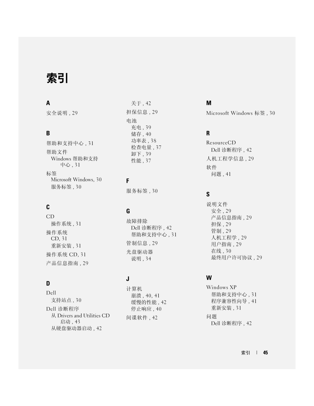 Dell PD063, M90 manual 安全说明 帮助和支持中心 , 31 帮助文件, 支持站点 , 30 Dell 诊断程序, 帮助和支持中心 , 31 程序兼容性向导 , 41 重新安装 