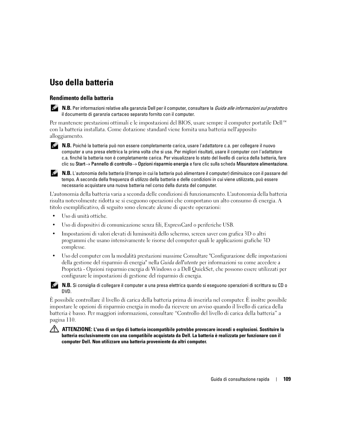 Dell M90 manual Uso della batteria, Rendimento della batteria, 109 