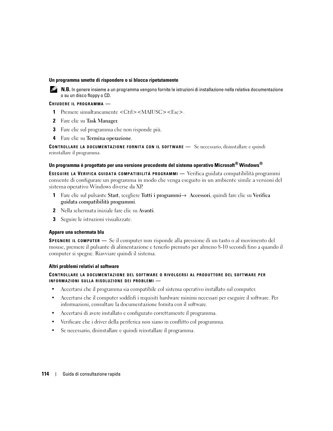 Dell M90 manual Un programma smette di rispondere o si blocca ripetutamente, Fare clic su Termina operazione, 114 