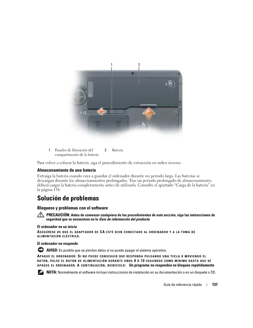 Dell M90 manual Solución de problemas, Almacenamiento de una batería, Bloqueos y problemas con el software 