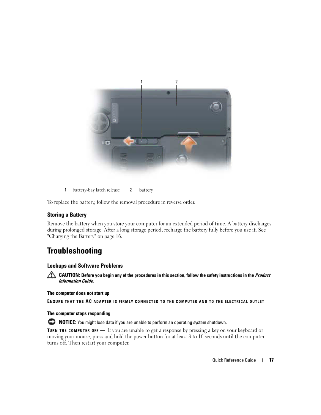 Dell M90 manual Troubleshooting, Storing a Battery, Lockups and Software Problems, Computer does not start up 