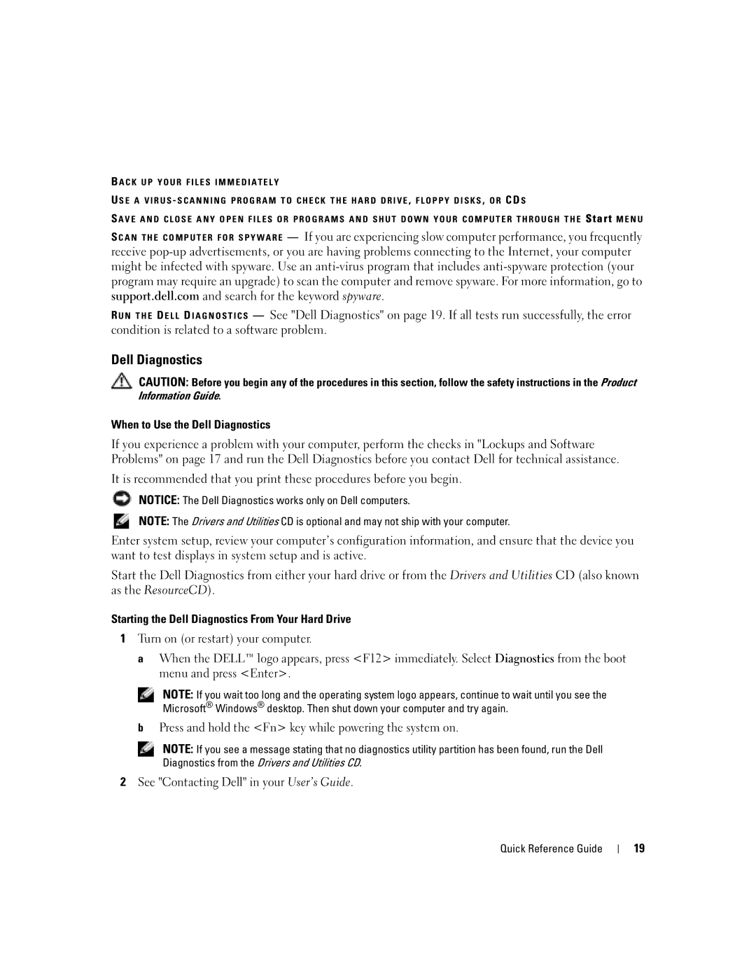 Dell M90 manual When to Use the Dell Diagnostics 