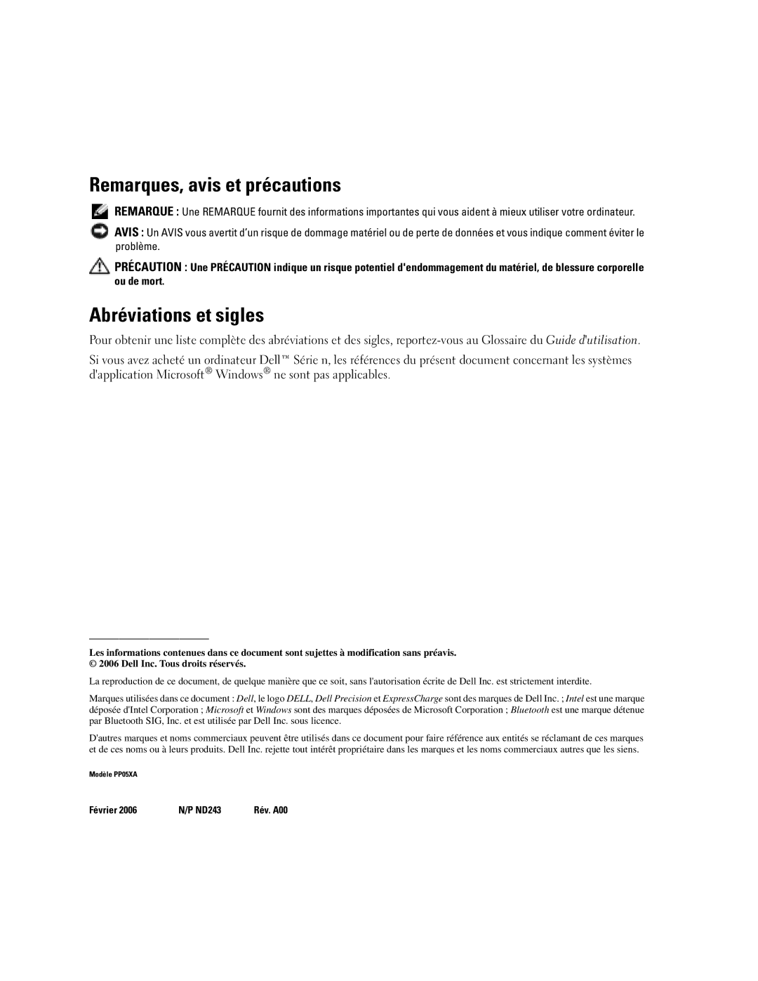 Dell M90 manual Remarques, avis et précautions, Abréviations et sigles 