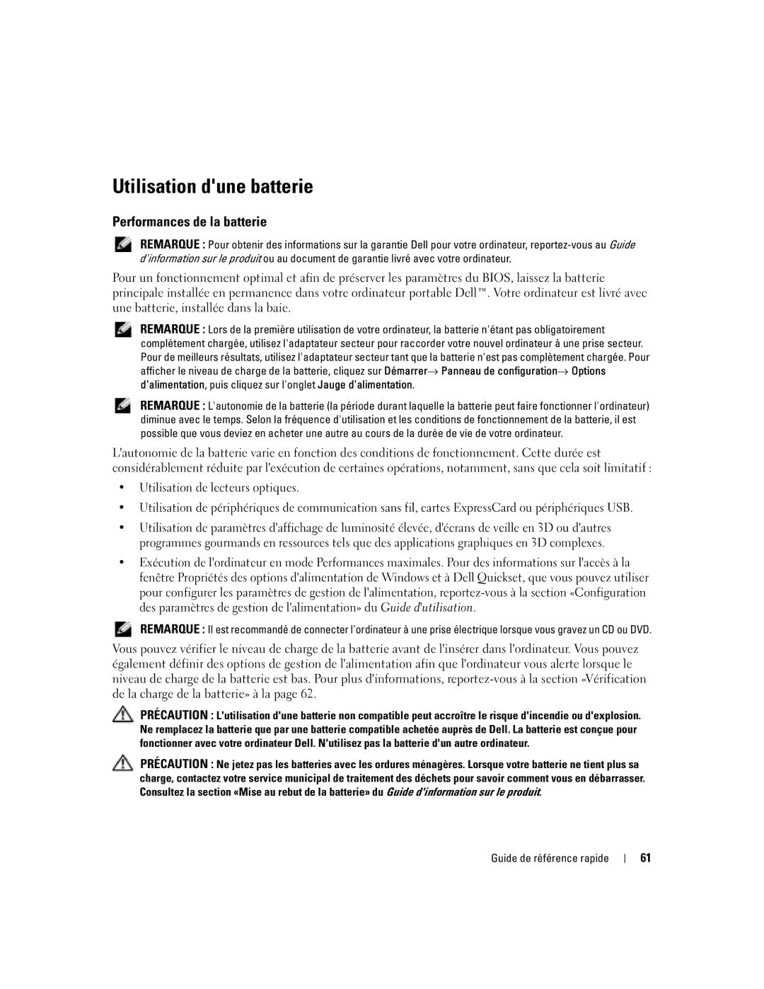 Dell M90 manual Utilisation dune batterie, Performances de la batterie 