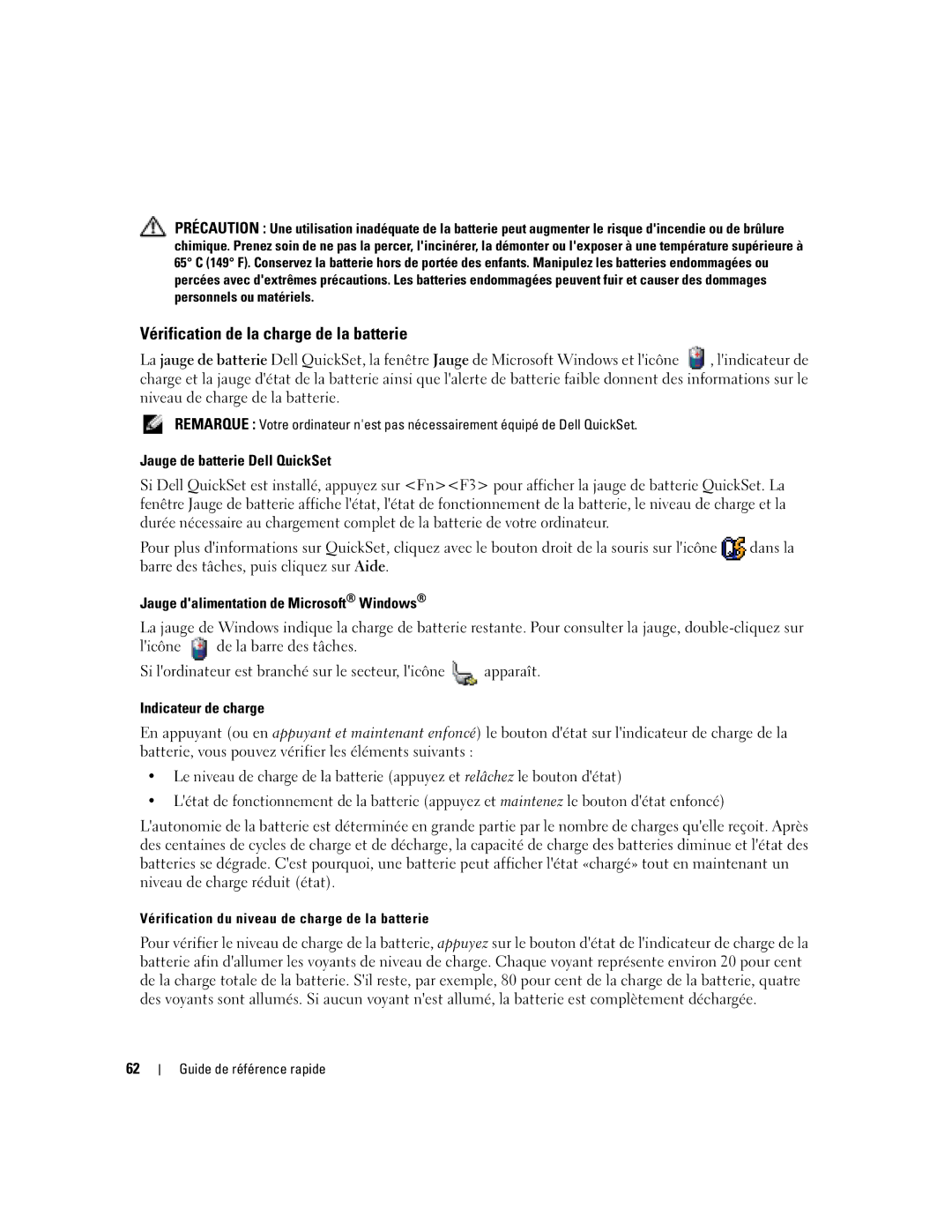 Dell M90 manual Vérification de la charge de la batterie, Jauge de batterie Dell QuickSet, Indicateur de charge 