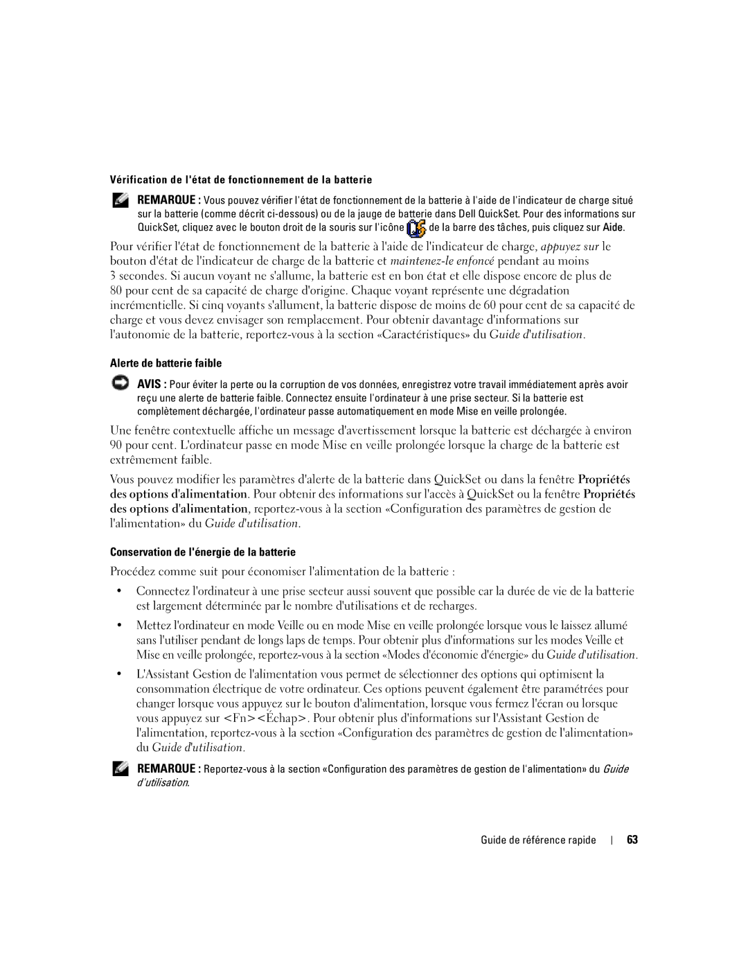 Dell M90 manual Alerte de batterie faible, Conservation de lénergie de la batterie, Dutilisation Guide de référence rapide 