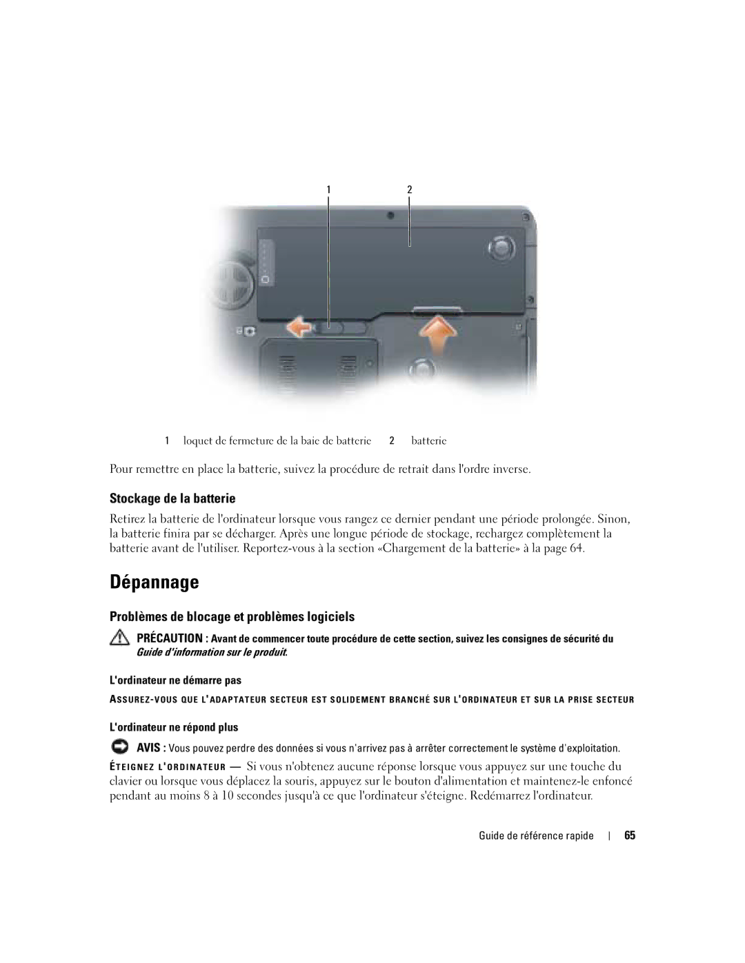 Dell M90 manual Dépannage, Stockage de la batterie, Problèmes de blocage et problèmes logiciels, Lordinateur ne démarre pas 