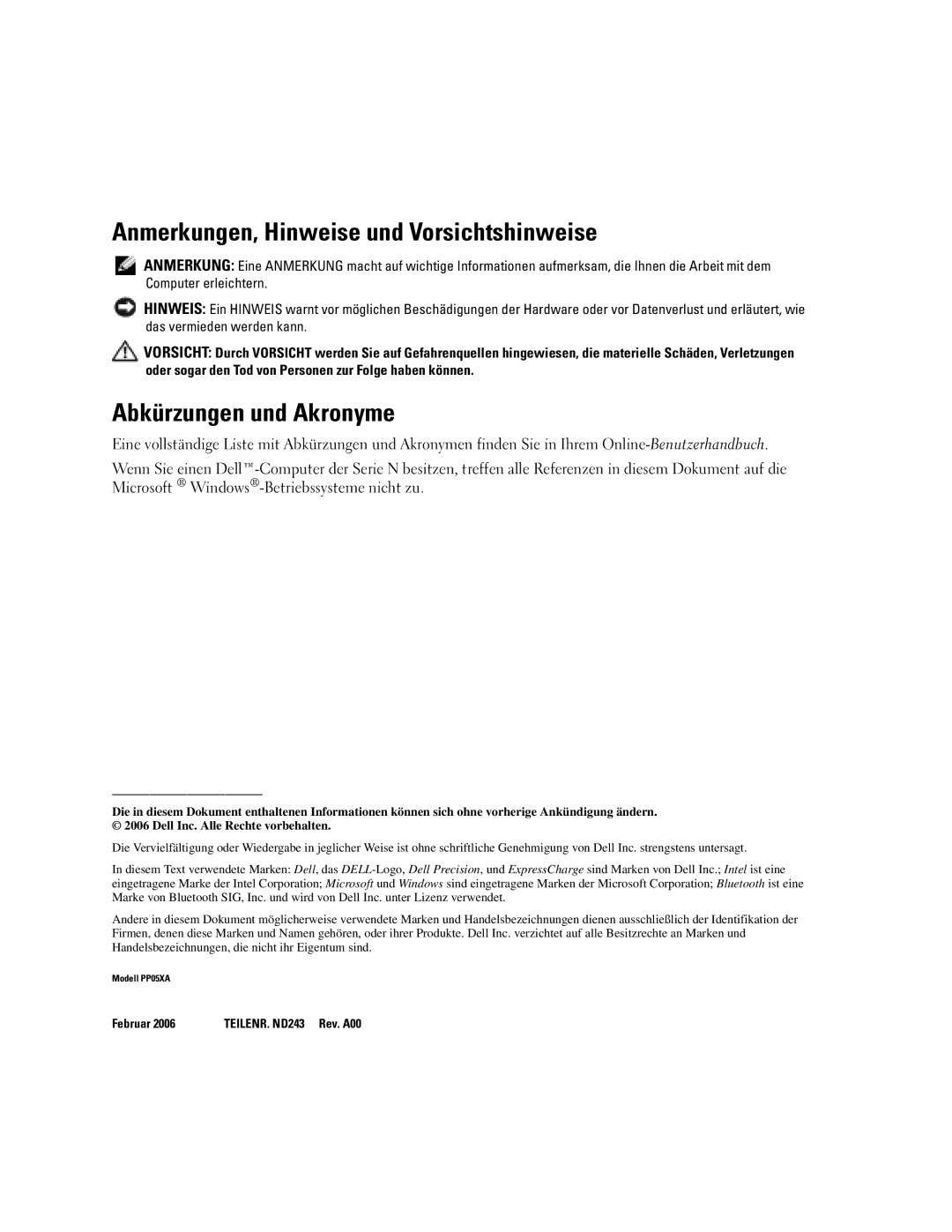 Dell M90 manual Anmerkungen, Hinweise und Vorsichtshinweise, Abkürzungen und Akronyme 