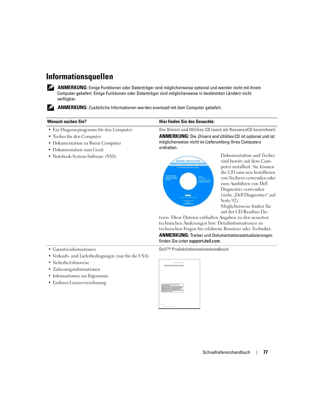 Dell M90 manual Informationsquellen, Dell Produktinformationshandbuch 