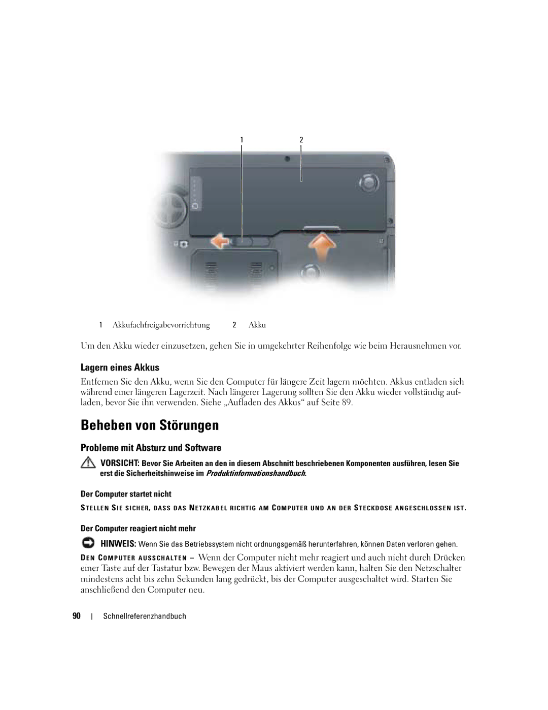 Dell M90 manual Beheben von Störungen, Lagern eines Akkus, Probleme mit Absturz und Software, Der Computer startet nicht 