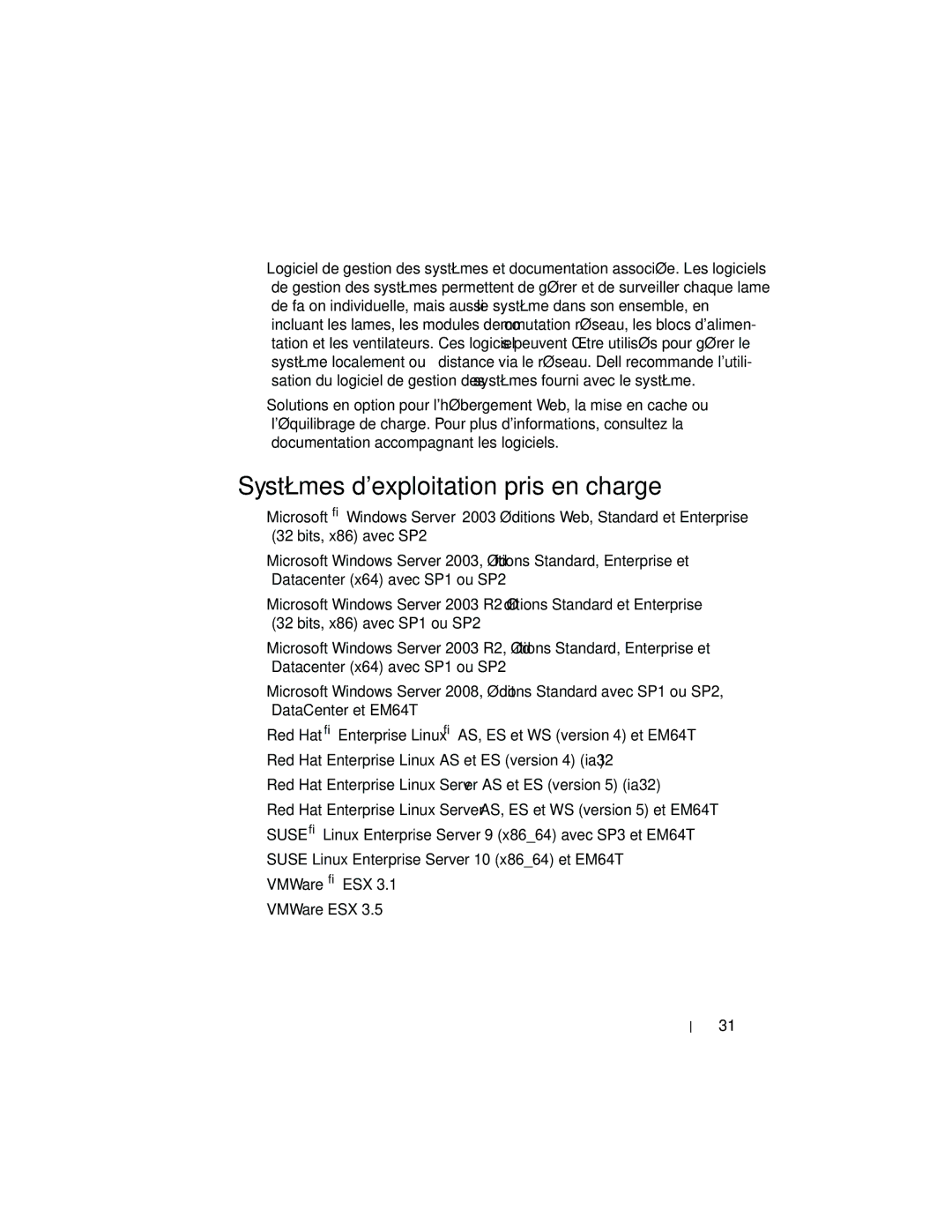 Dell M905 manual Systèmes dexploitation pris en charge 