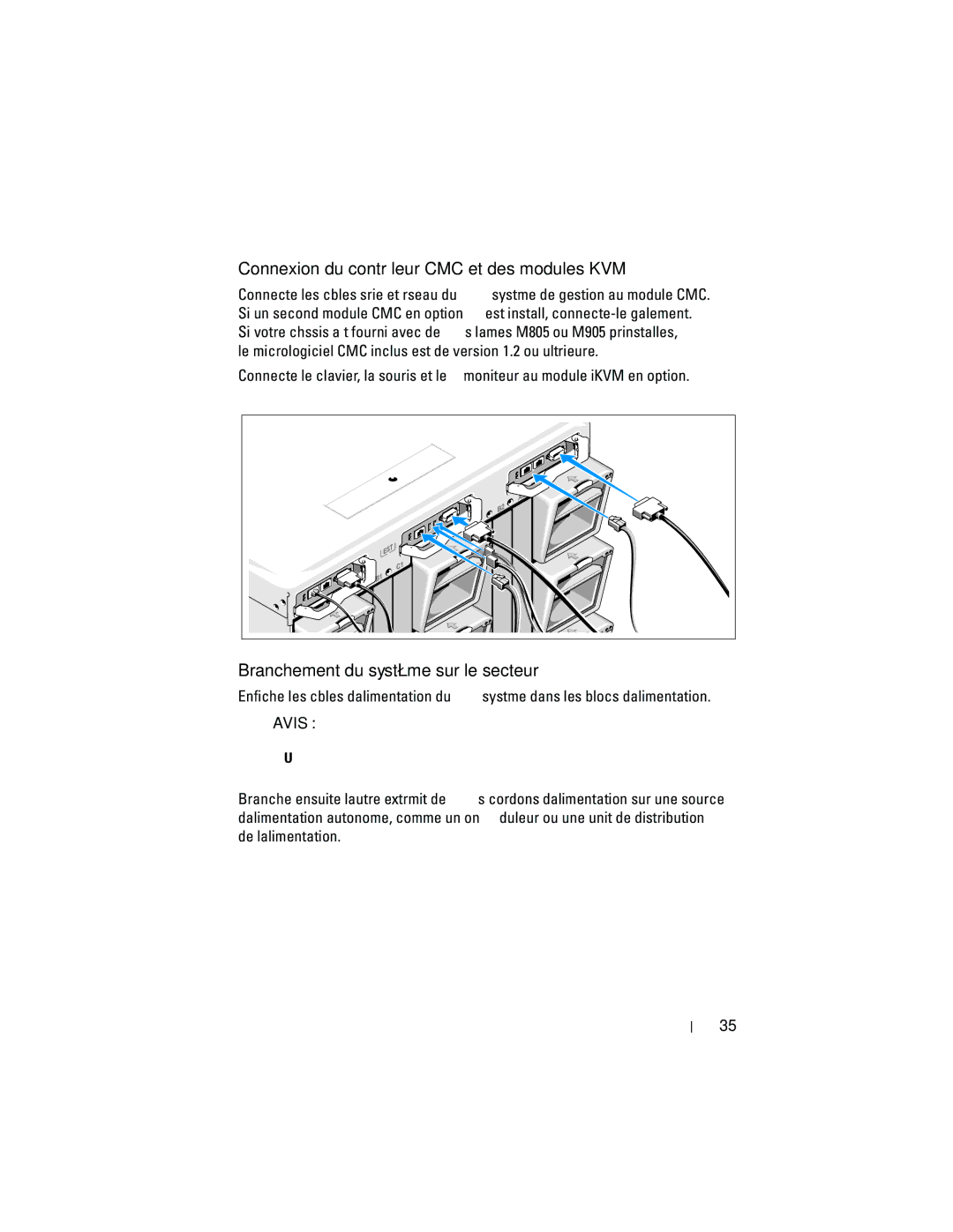 Dell M905 manual Connexion du contrôleur CMC et des modules KVM, Branchement du système sur le secteur 