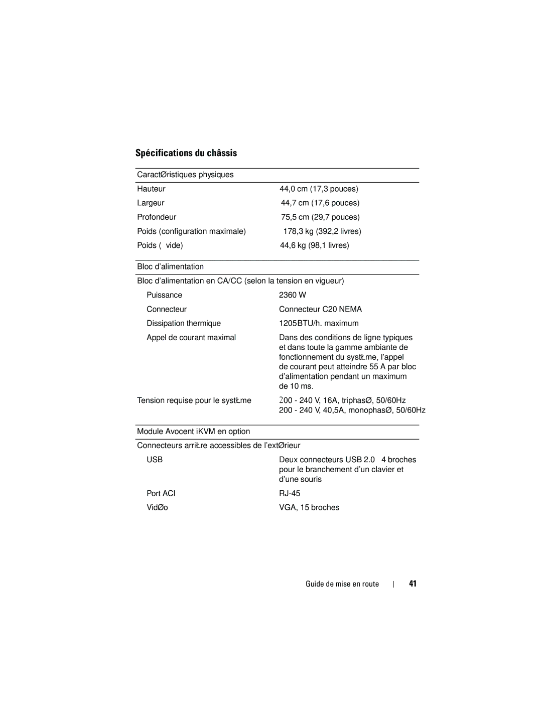 Dell M905 manual Spécifications du châssis 