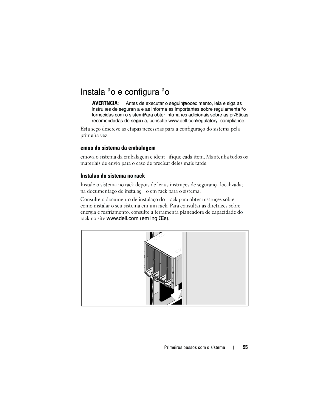 Dell M905 manual Instalação e configuração, Remoção do sistema da embalagem, Instalação do sistema no rack 