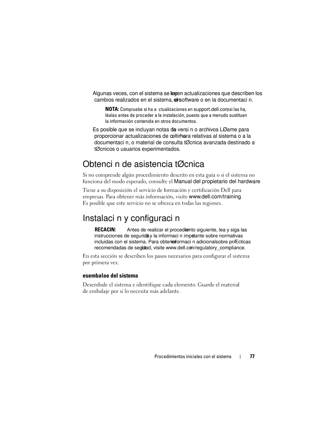 Dell M905 manual Obtención de asistencia técnica, Instalación y configuración, Desembalaje del sistema 