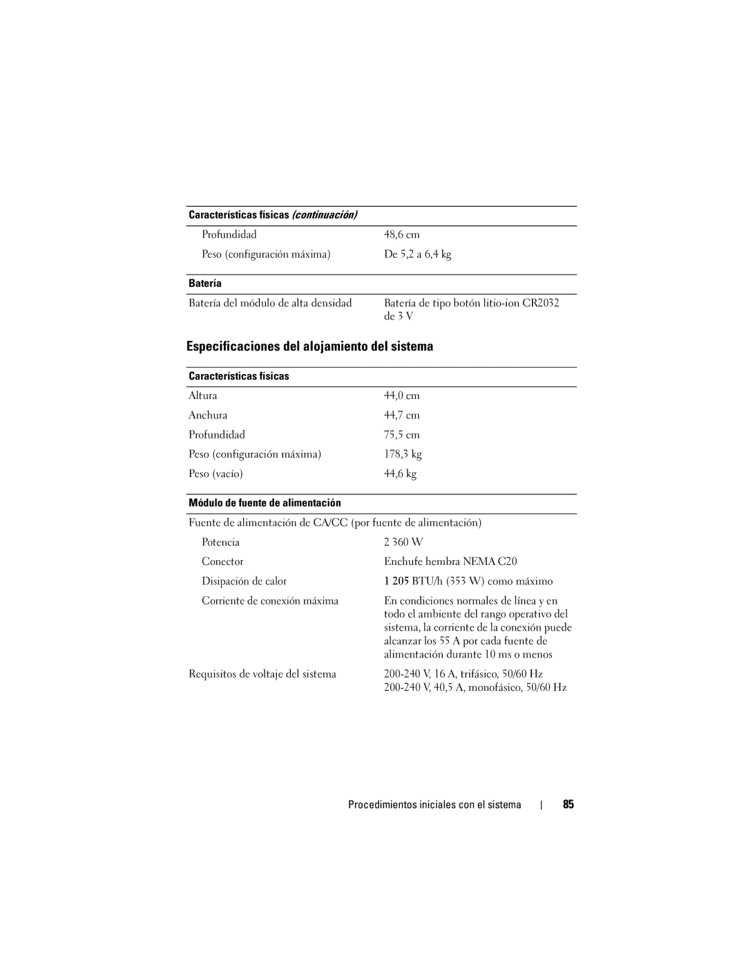 Dell M905 manual Especificaciones del alojamiento del sistema 