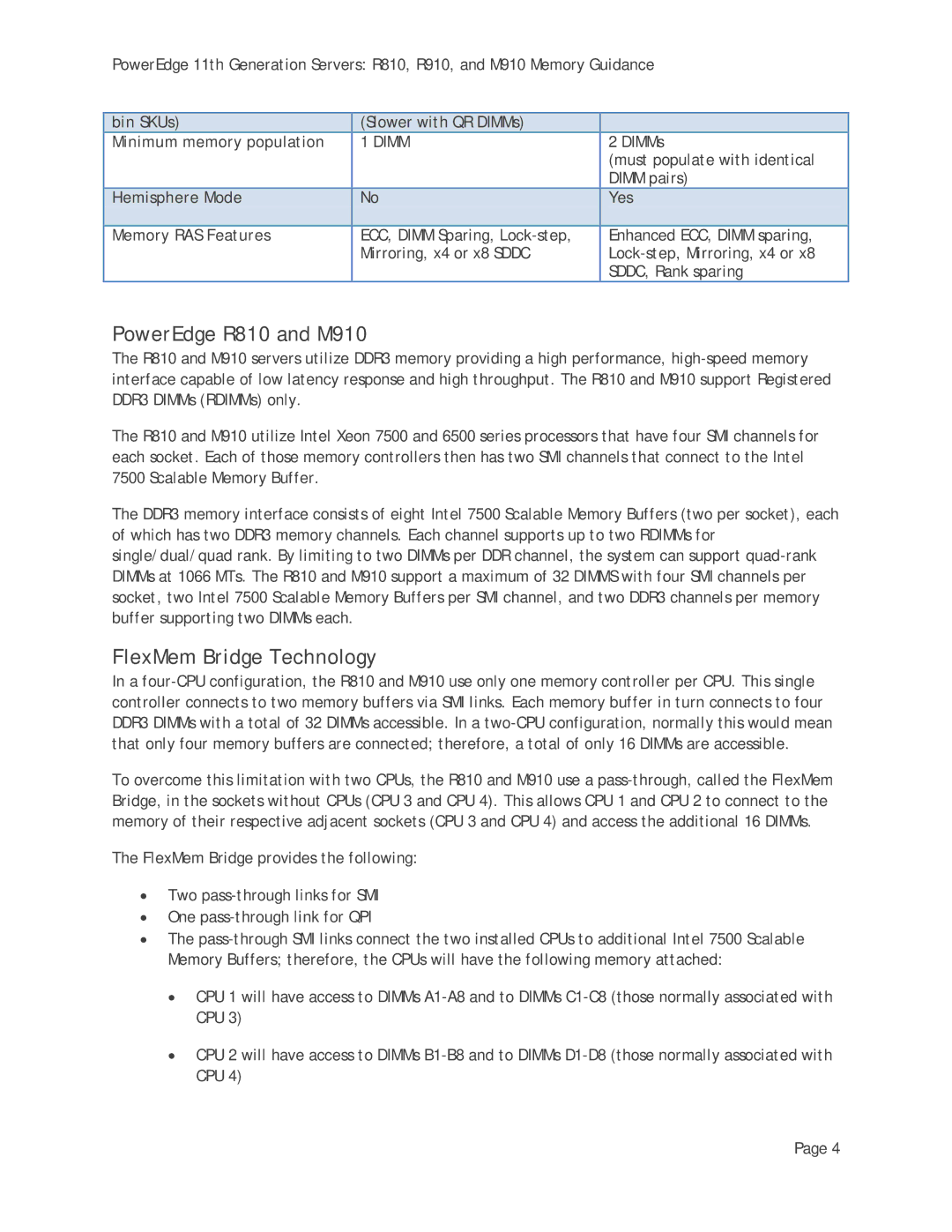 Dell R910 manual PowerEdge R810 and M910, FlexMem Bridge Technology 