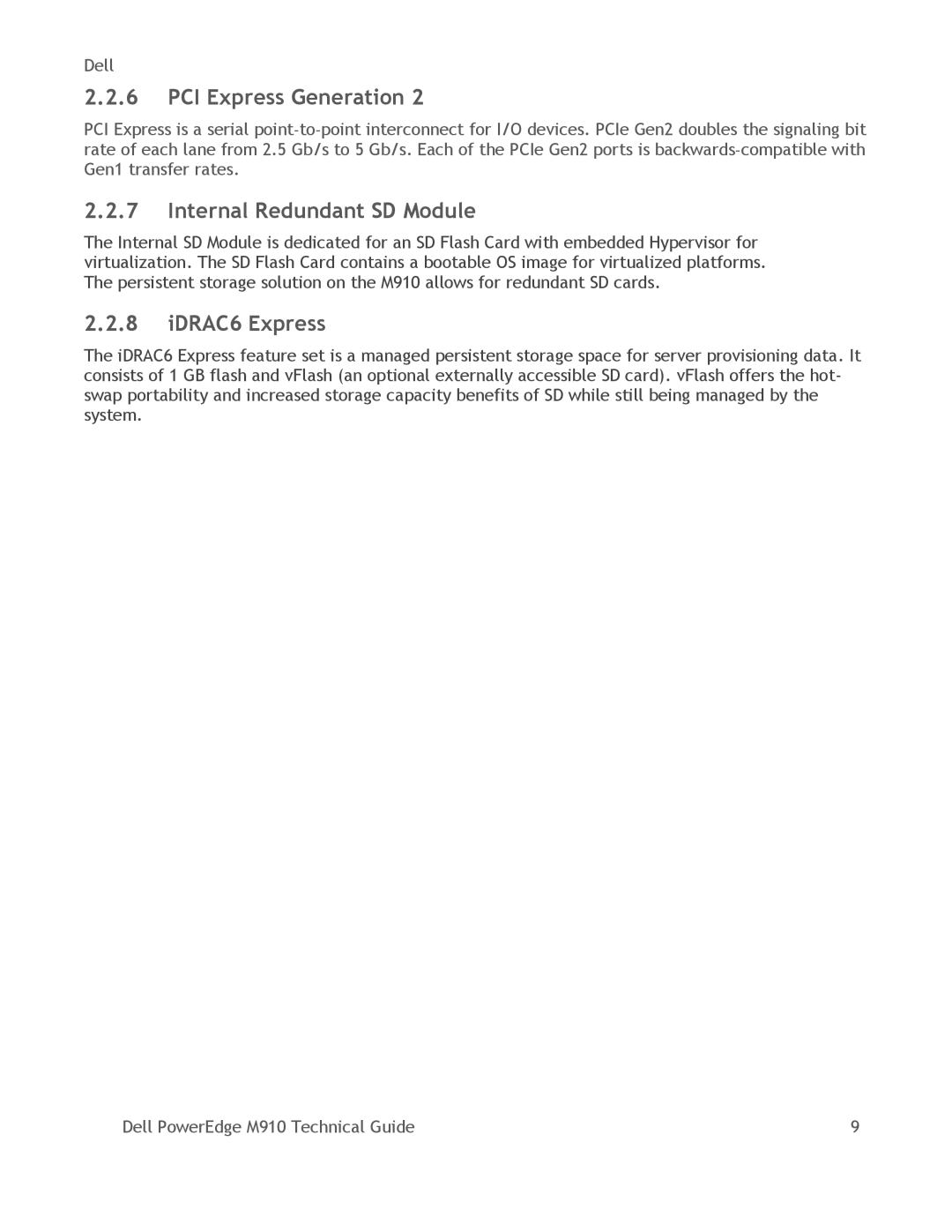 Dell M910 manual PCI Express Generation, Internal Redundant SD Module, IDRAC6 Express 