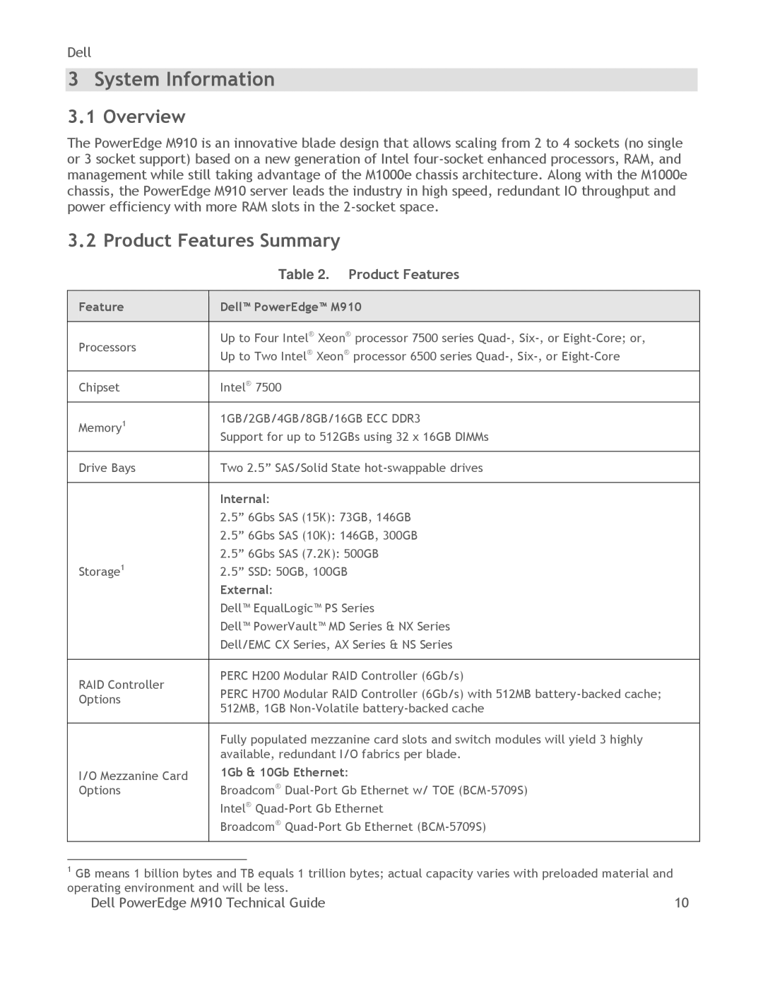 Dell M910 manual System Information, Product Features Summary 