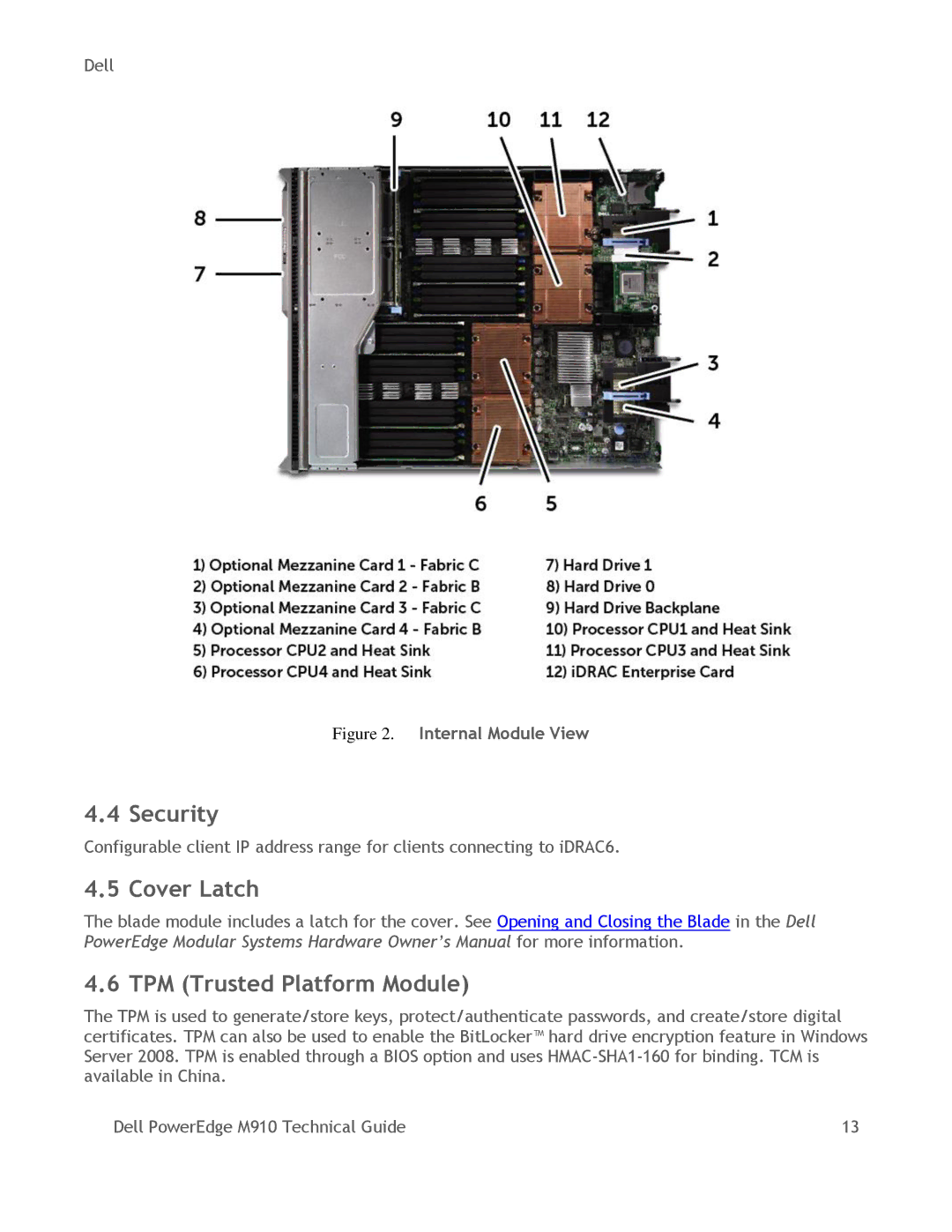 Dell M910 manual Security, Cover Latch TPM Trusted Platform Module 