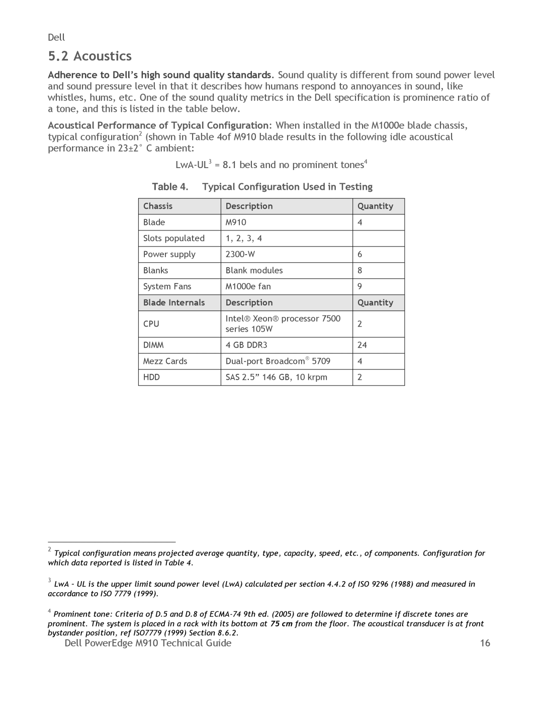 Dell M910 manual Acoustics, Typical Configuration Used in Testing 