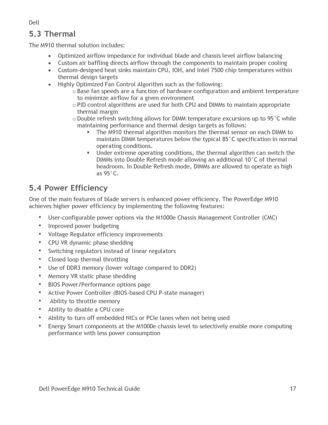 Dell M910 manual Thermal, Power Efficiency 