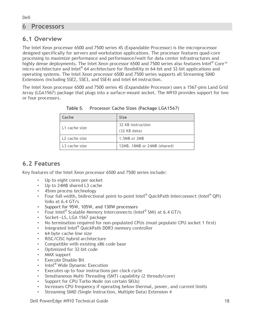 Dell M910 manual Processors, Features, Processor Cache Sizes Package LGA1567 