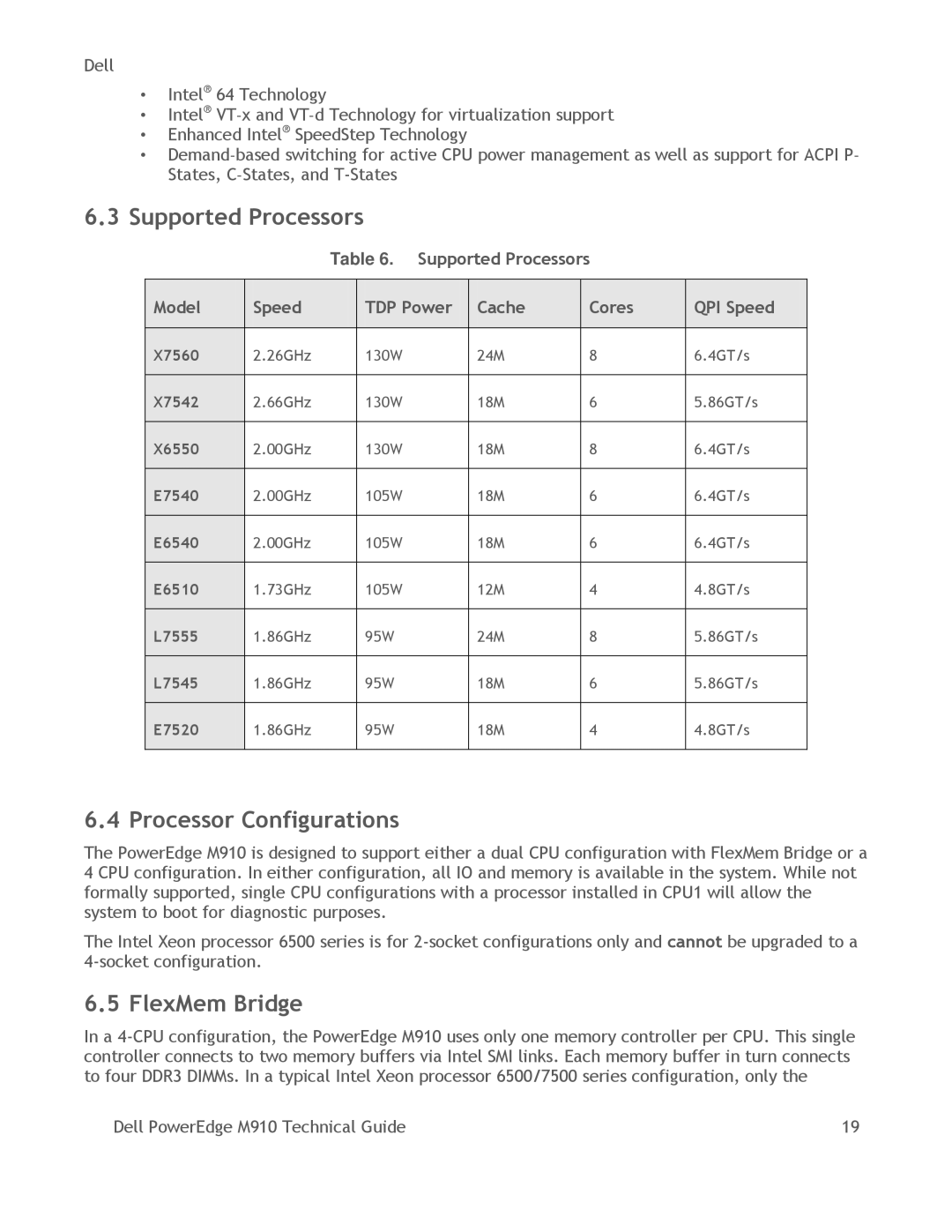 Dell M910 manual Supported Processors, Processor Configurations, FlexMem Bridge 