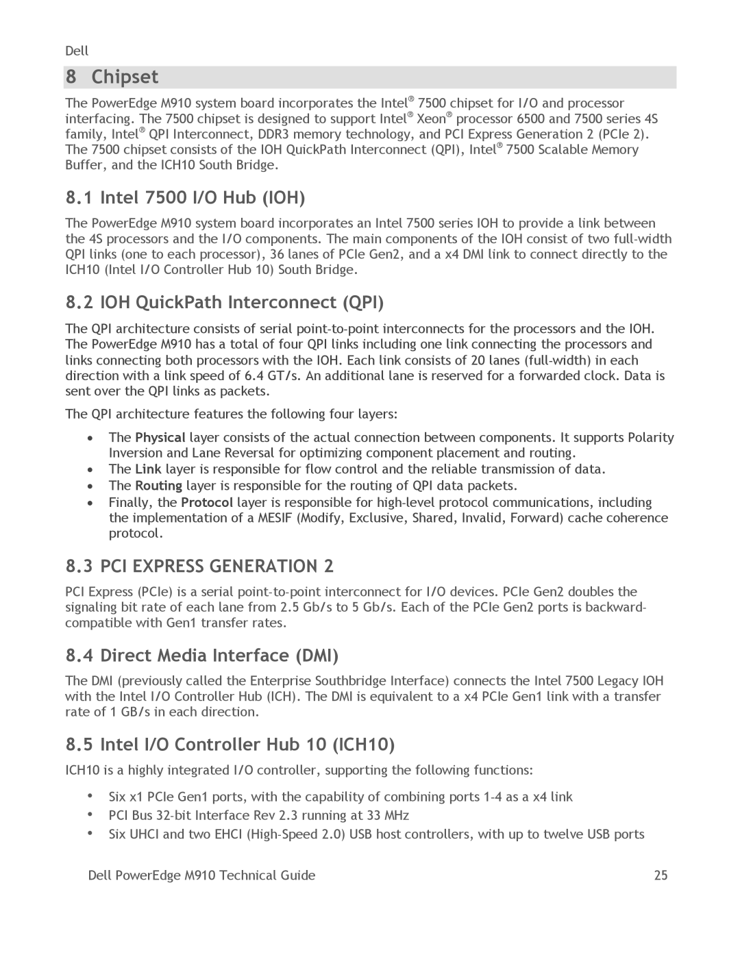 Dell M910 manual Chipset, Intel 7500 I/O Hub IOH, IOH QuickPath Interconnect QPI, Direct Media Interface DMI 