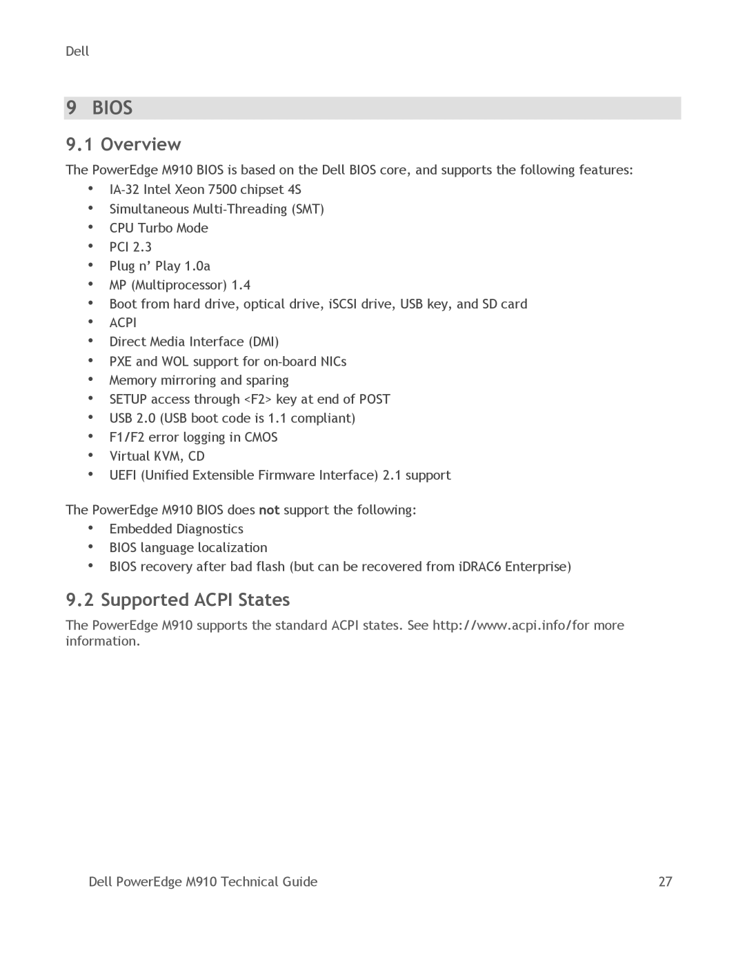 Dell M910 manual Bios, Supported Acpi States 