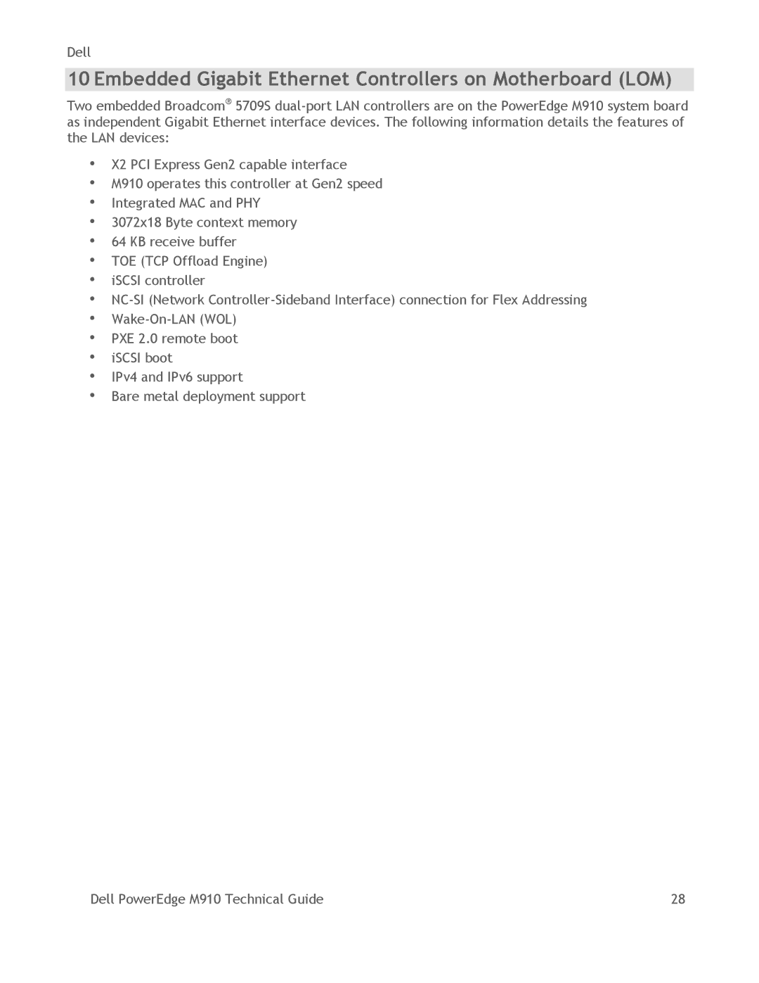 Dell M910 manual Embedded Gigabit Ethernet Controllers on Motherboard LOM 