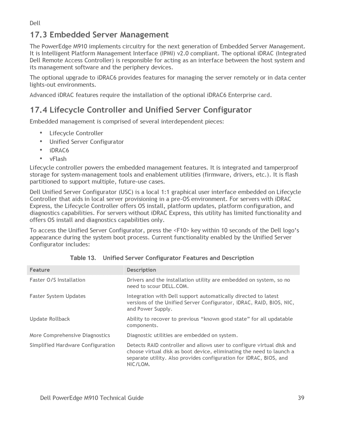 Dell M910 manual Embedded Server Management, Lifecycle Controller and Unified Server Configurator, Feature Description 