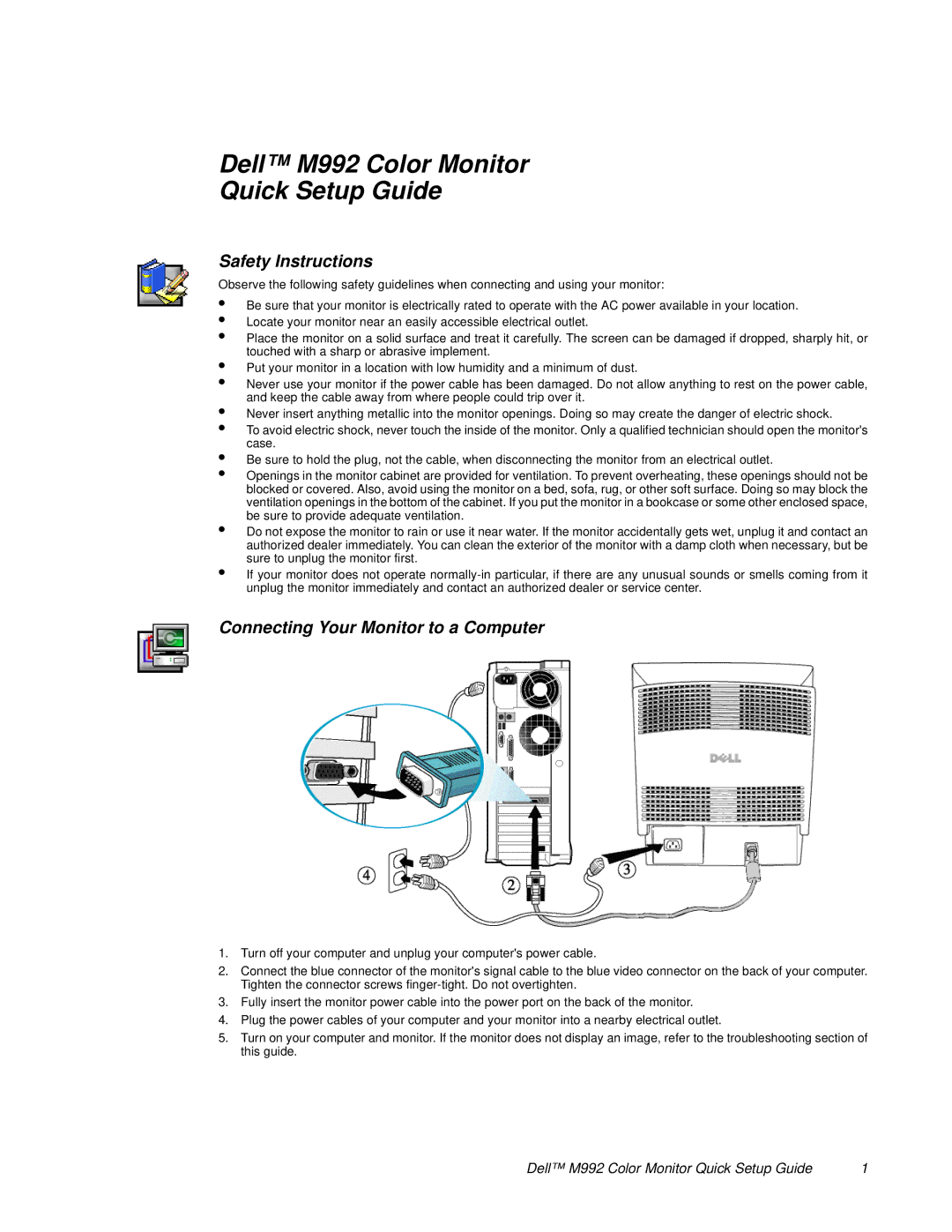 Dell M992 setup guide Safety Instructions, Connecting Your Monitor to a Computer 