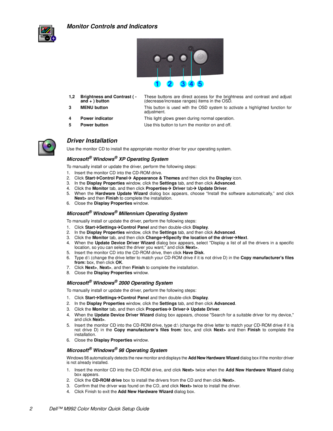 Dell M992 setup guide Monitor Controls and Indicators, Driver Installation 