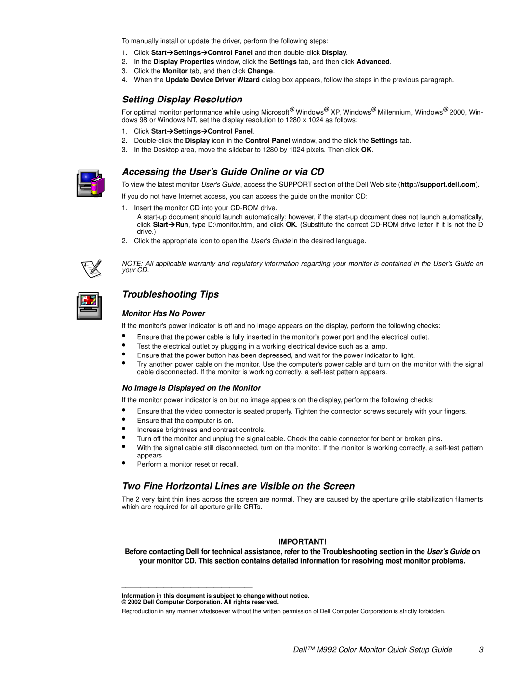 Dell M992 setup guide Setting Display Resolution, Accessing the Users Guide Online or via CD, Troubleshooting Tips 