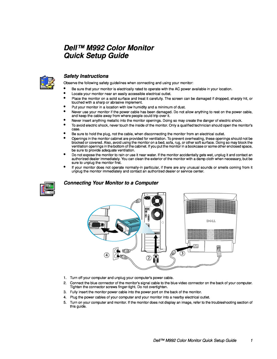 Dell M992 setup guide Safety Instructions, Connecting Your Monitor to a Computer 