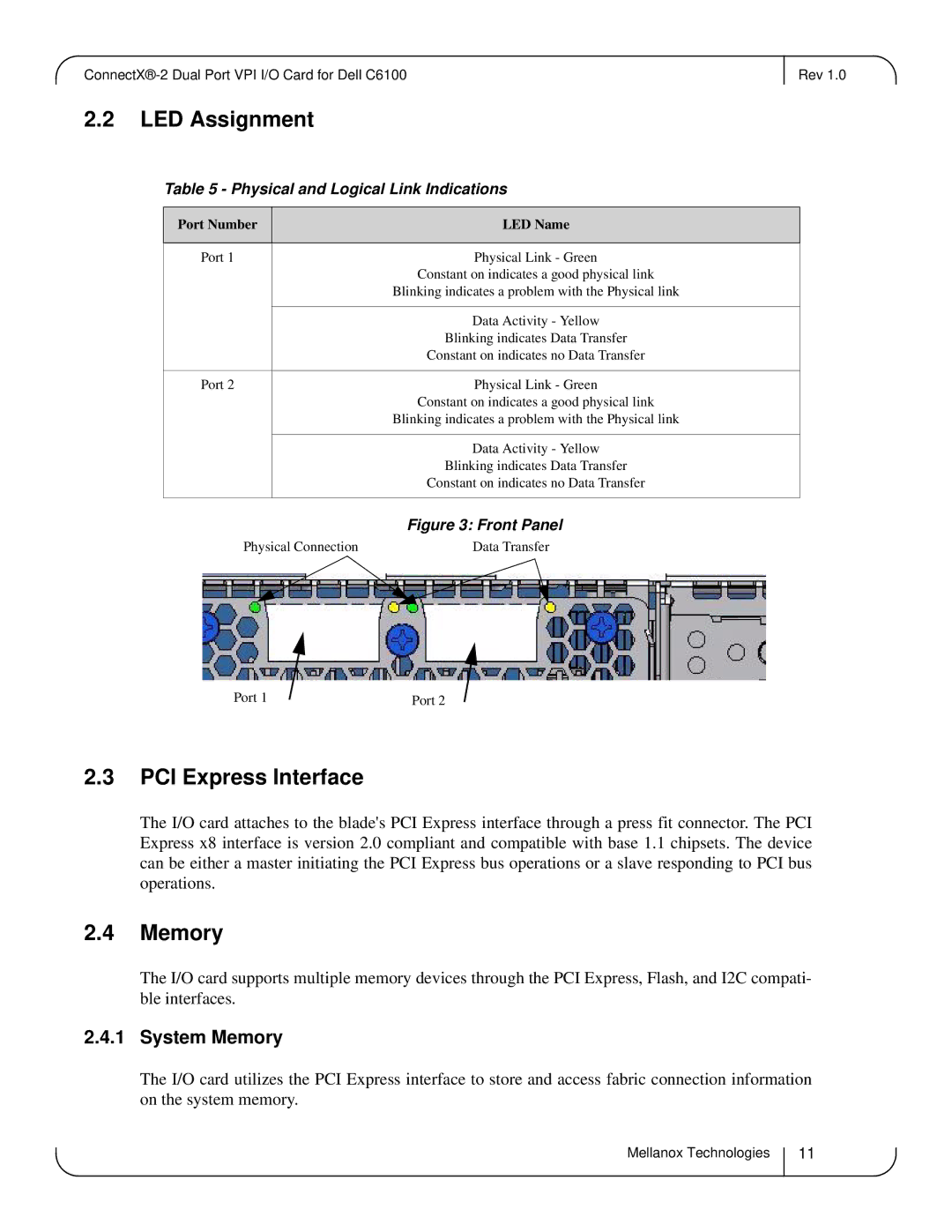 Dell MCQH29-XDR user manual LED Assignment, PCI Express Interface, System Memory, Physical and Logical Link Indications 